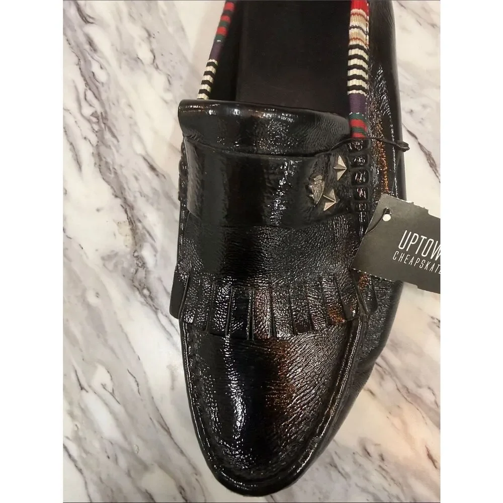 Gucci Black Patent Leather Fringe Loafers with Multicolor Trim